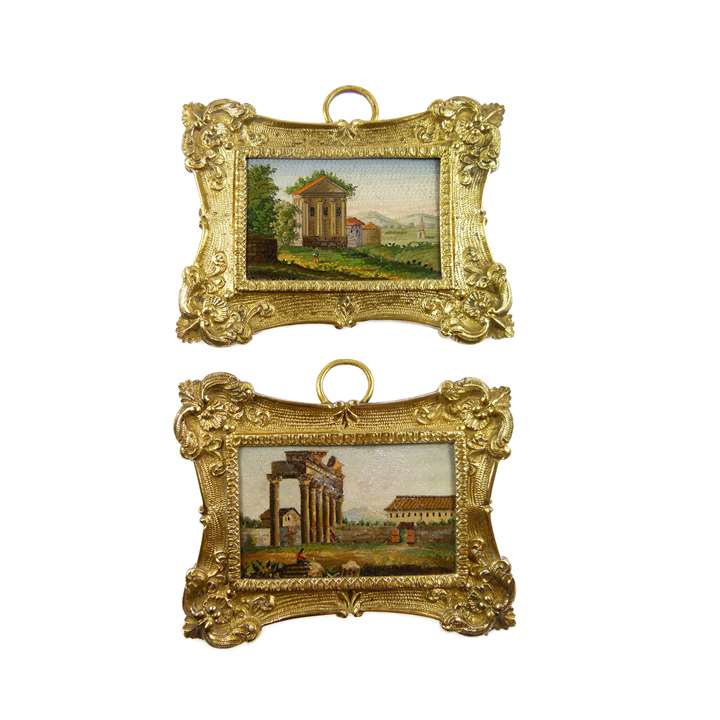 Pair of antique rectangular micromosaic panels with classical landscapes